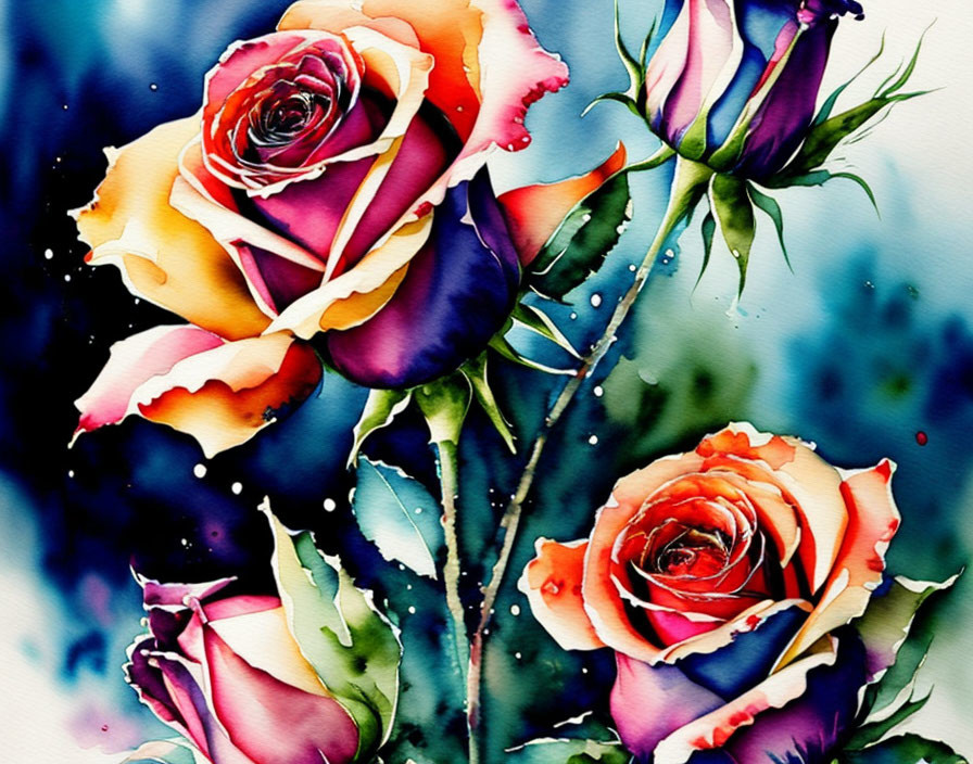 Vibrant Watercolor Painting of Roses in Orange, Pink, Purple, and Yellow on Blue Background