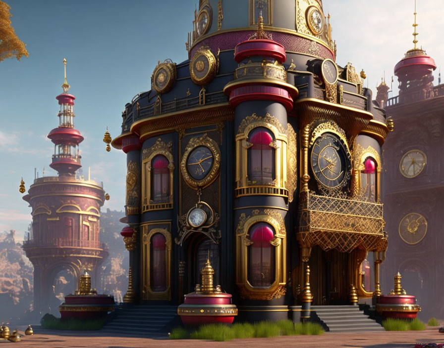 Steampunk-style architecture with golden details and clock features in sunny setting