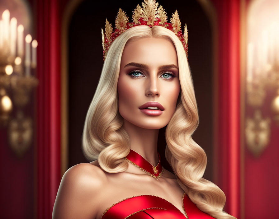 Platinum Blonde Woman in Red Gown and Golden Crown Displays Elegance