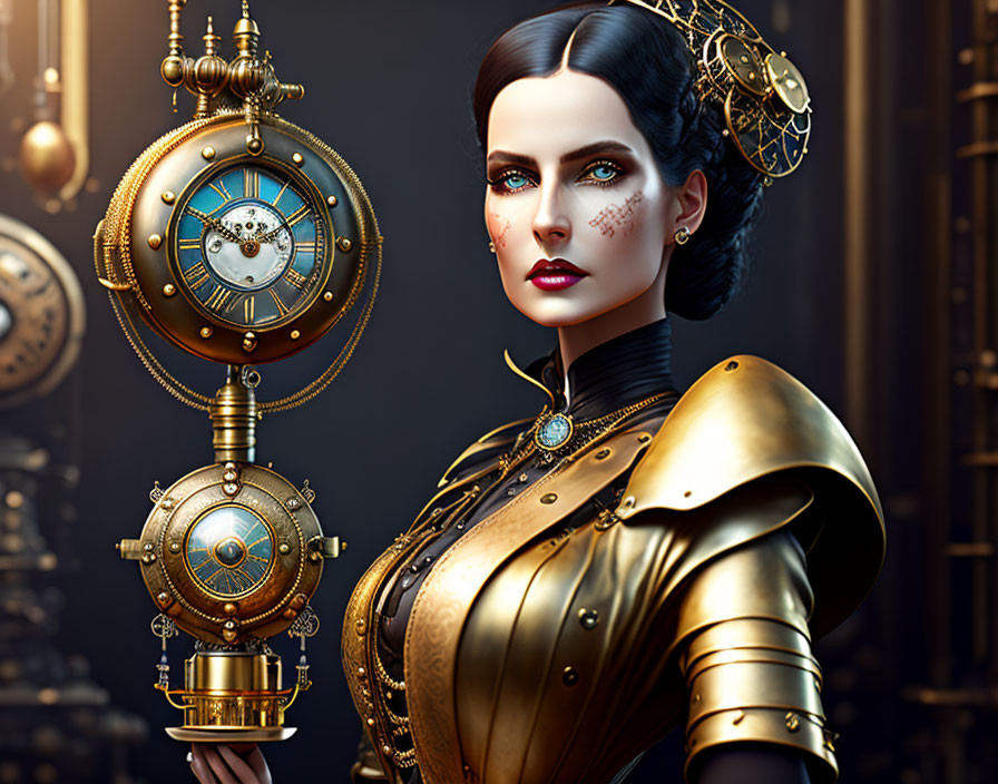 Steampunk female character with clockwork elements and golden armor on dark background