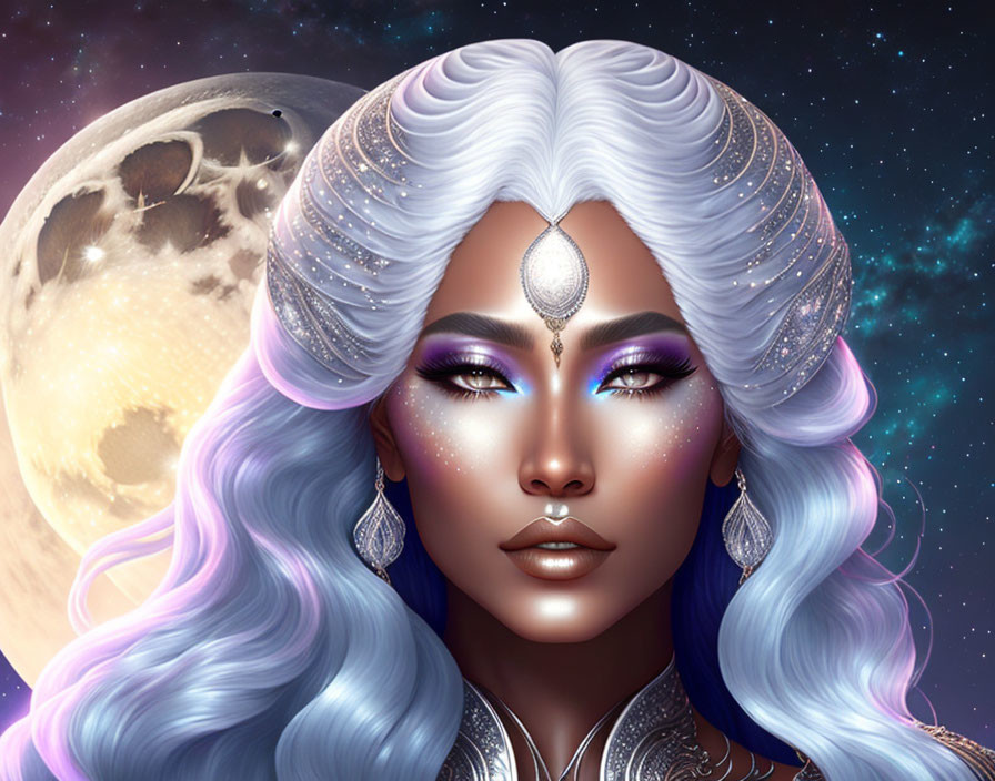 Illustrated portrait of woman with white and blue hair and celestial theme