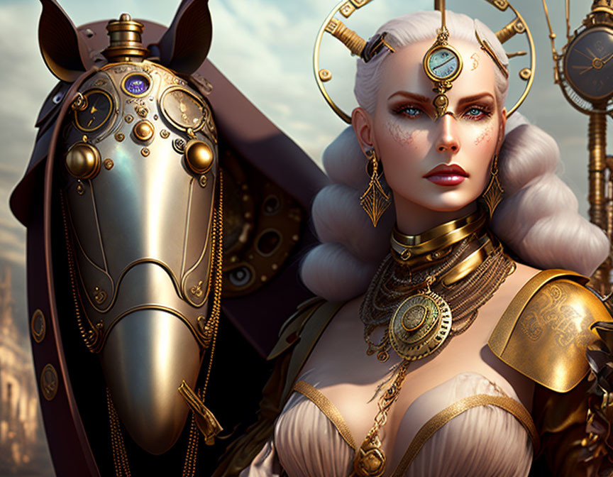 Elaborate gold jewelry and headdress on regal woman next to mechanical steed
