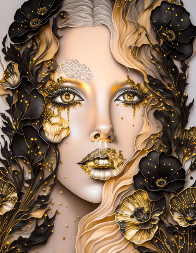 black and white with gold splashes, woman