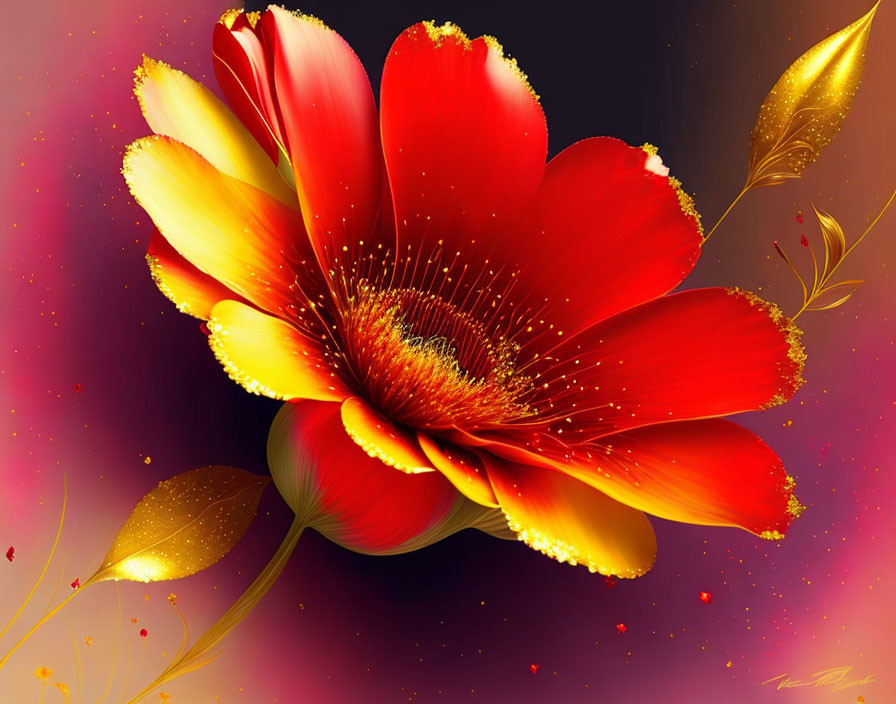 Colorful digital illustration of red flower with golden center and leaves on crimson gradient.