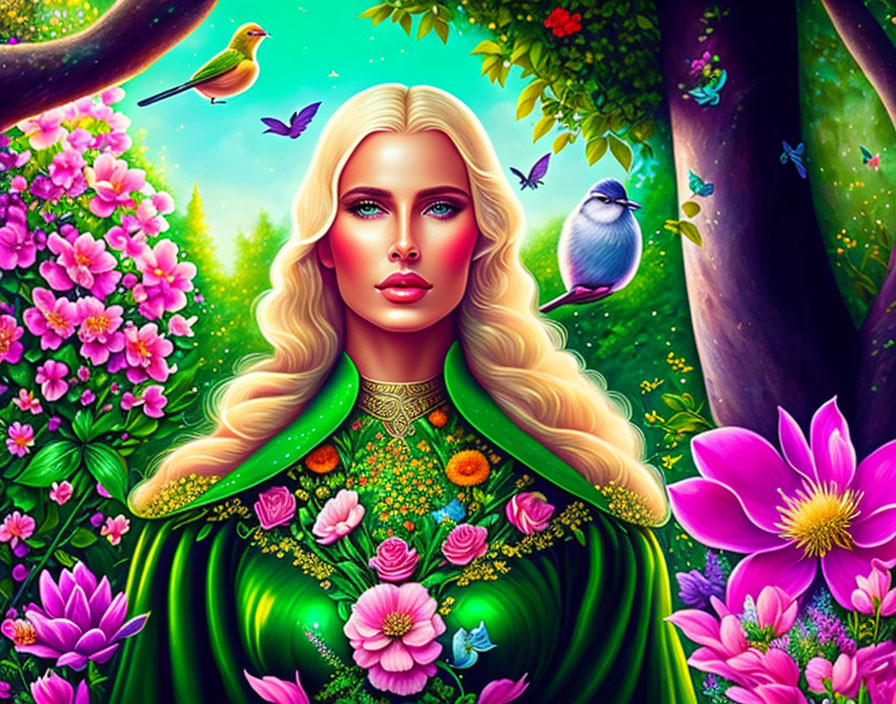 Blonde Woman in Green Dress Surrounded by Nature Scene