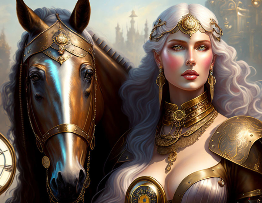 Regal woman in ornate armor with adorned horse in mystical fantasy illustration