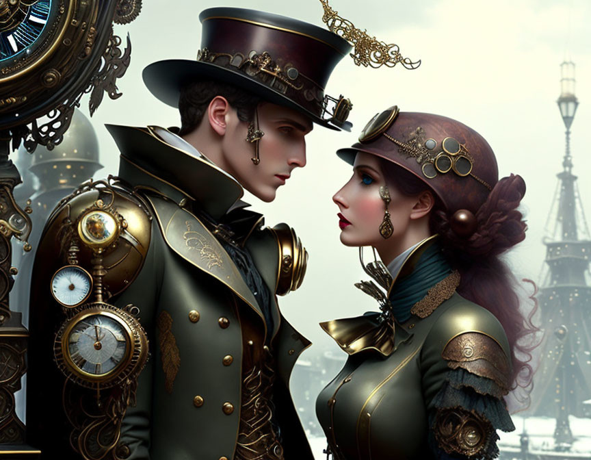 Man and woman in ornate steampunk attire against mechanical backdrop
