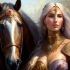 White-haired woman and horse with ornate bridle in fantasy/historical theme