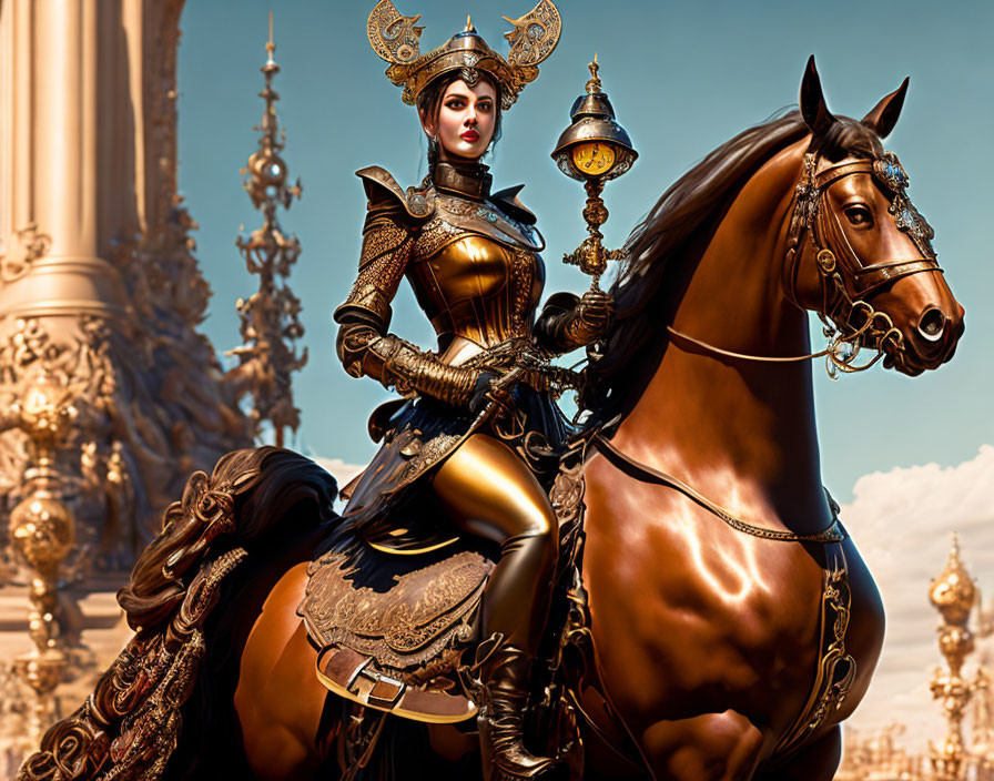 Regal woman in ornate armor riding majestic brown horse against golden architecture