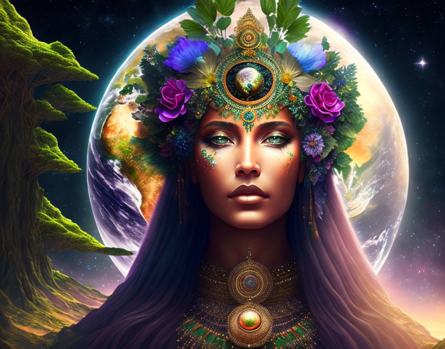 Mystical artwork: woman with floral headdress and celestial moon