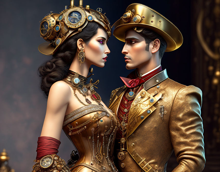 Steampunk-themed digital artwork of man and woman in intricate attire