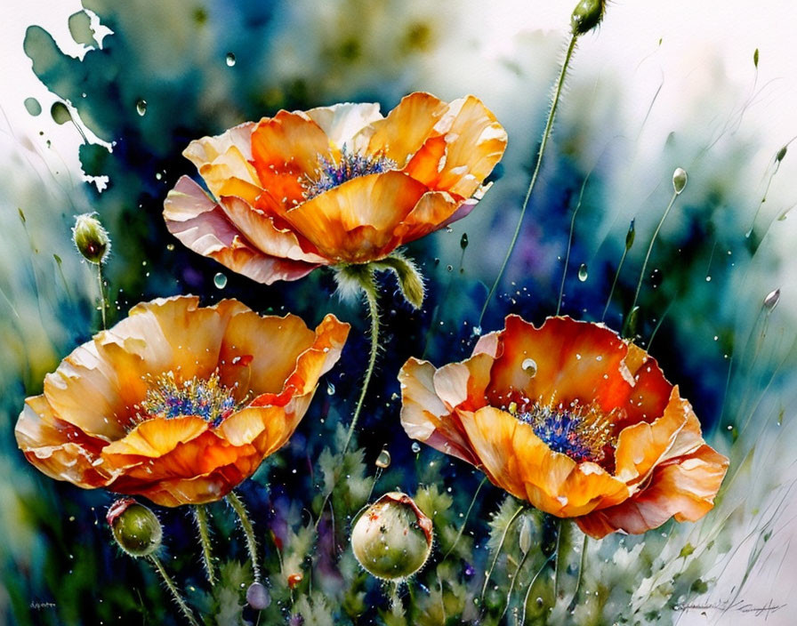 Bouquet of poppy flowers, watercolor, wet on wet