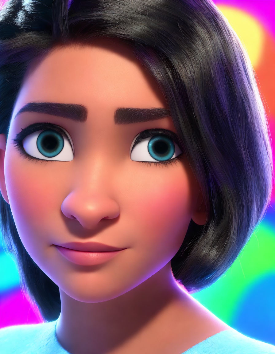 Detailed 3D animated female character with blue eyes and short black hair on colorful backdrop