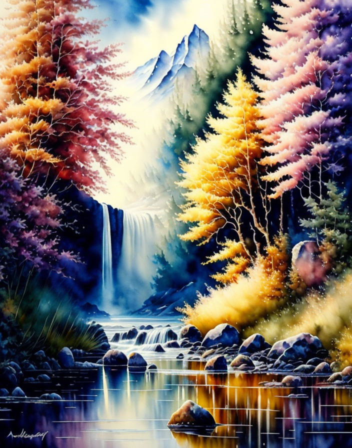 Colorful Autumn Forest Painting with Waterfall and Snowy Mountains