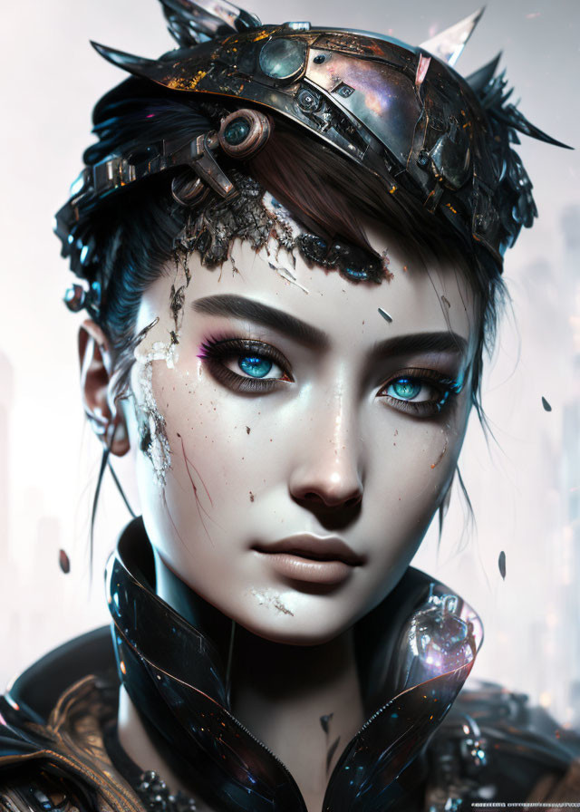 Female Cyberpunk Character with Mechanical Headpiece and Blue Eyes in Futuristic Cityscape
