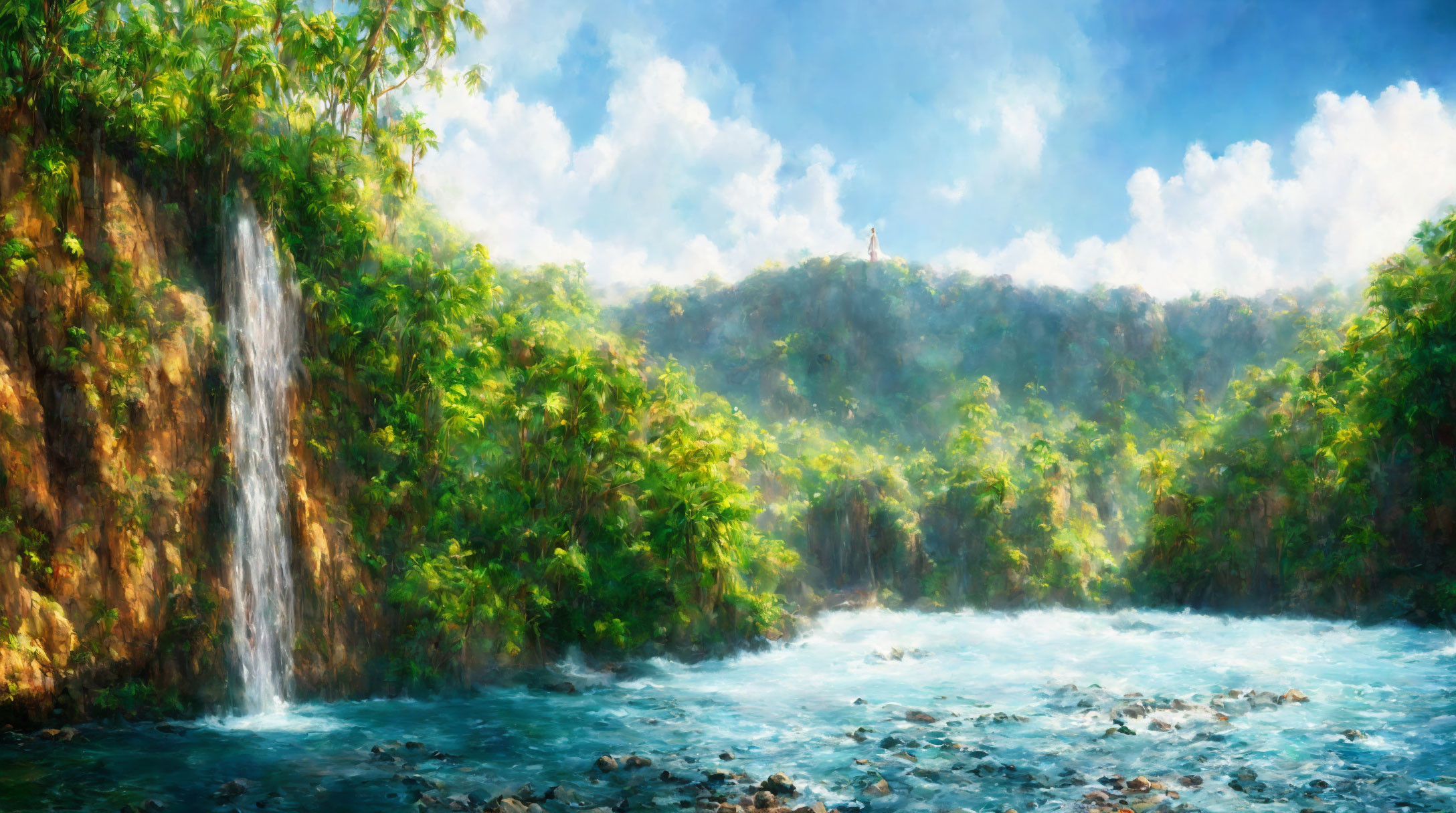 Tropical waterfall landscape with lush green foliage