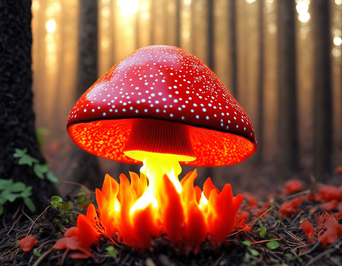 Vibrant red mushroom with white spots in misty forest glow