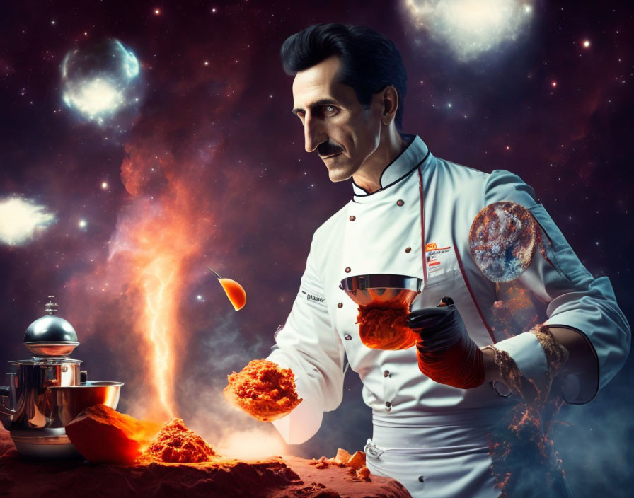 Chef in white uniform levitating Italian dishes in cosmic scene