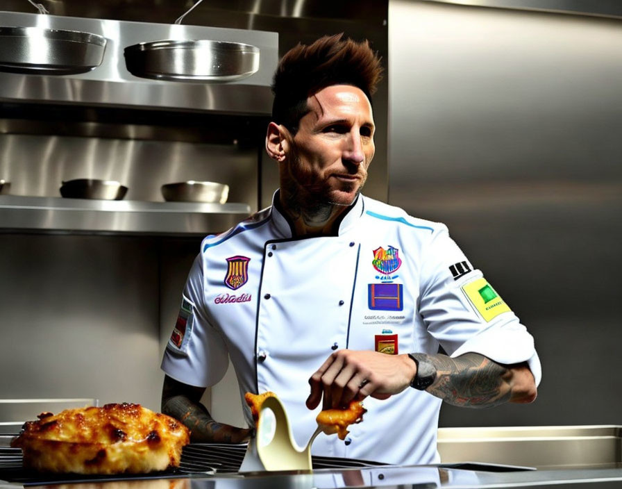 Chef in decorated uniform holding cheesy pizza in kitchen