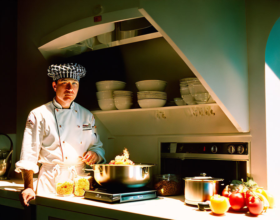 Chef in white uniform and toque cooks pasta with tomatoes in kitchen setting.