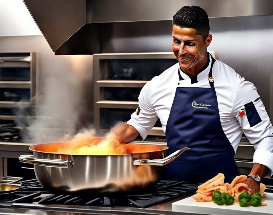Chef in uniform sautéing food in large pan in professional kitchen