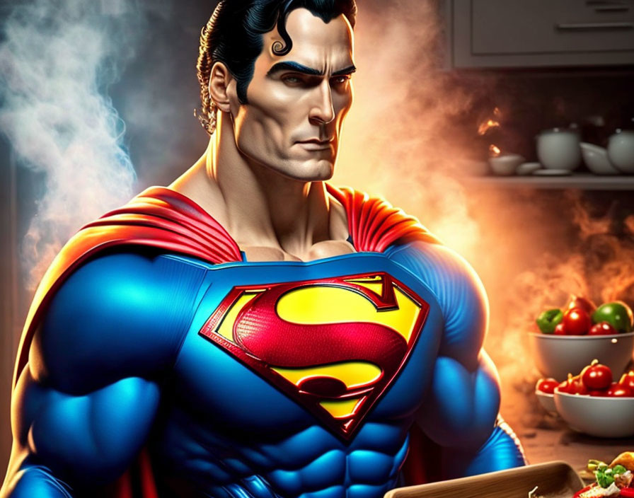 Superman cooking in kitchen with salad bowl and confident gaze