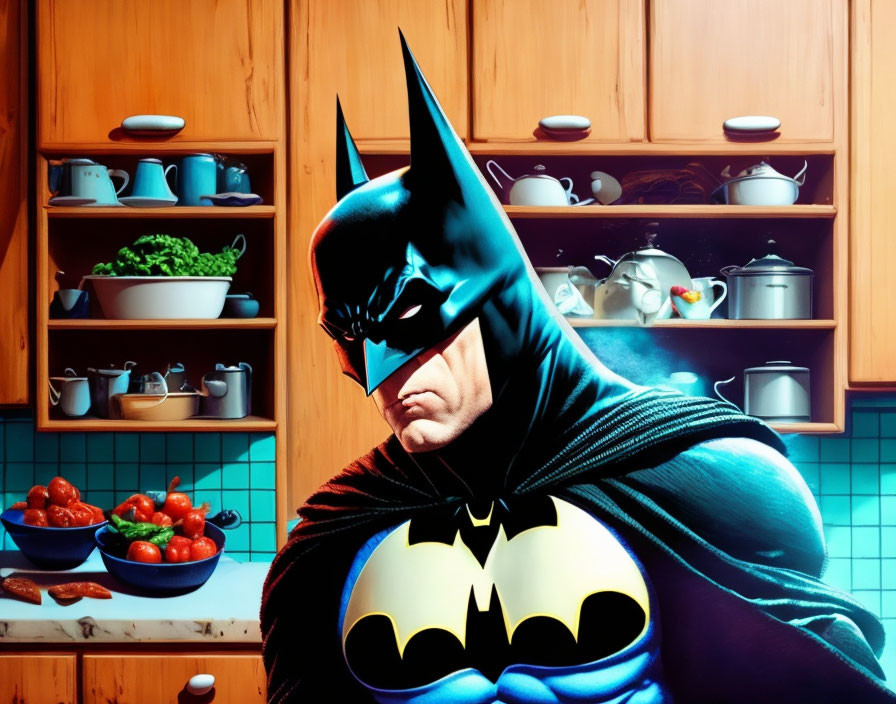 Serious Batman in kitchen with wooden cabinets and vegetables