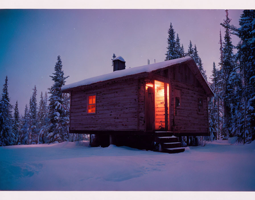 Snowy forest twilight scene: Cozy wooden cabin with warm interior.