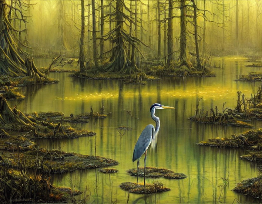 Russia. Taiga. Heron stands in the swamp