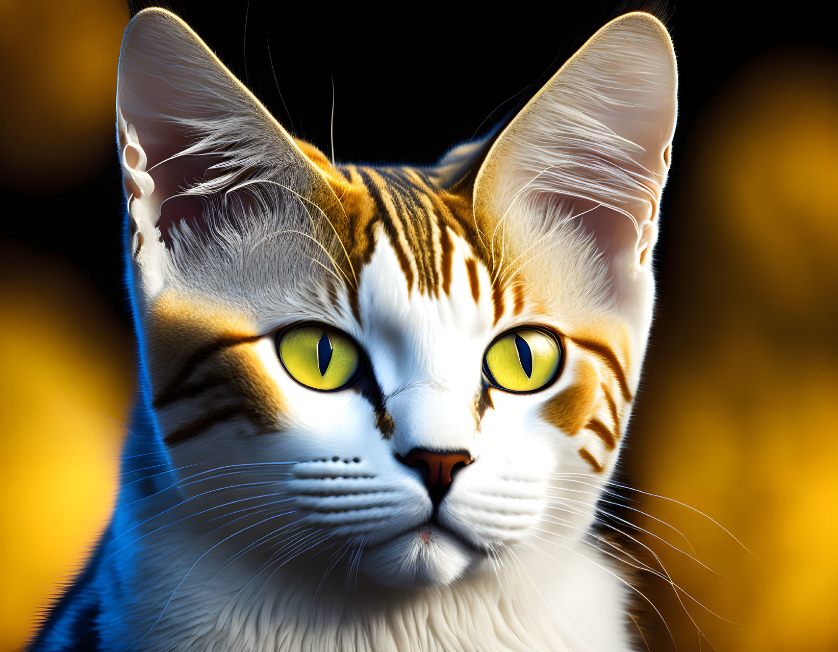 Detailed Close-Up of Vividly Illustrated Cat with Striking Yellow Eyes and Striped Fur