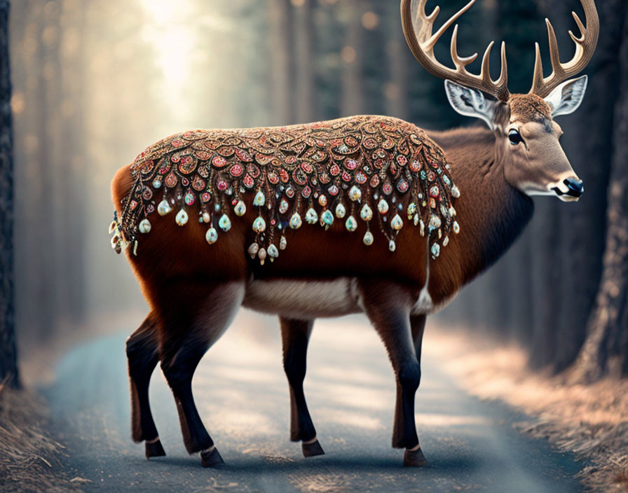 Digitally altered image: Deer with jewel-encrusted pattern in forest.