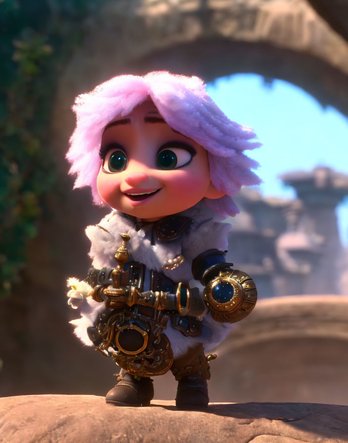 Pink-haired 3D character in furry outfit with brass telescope