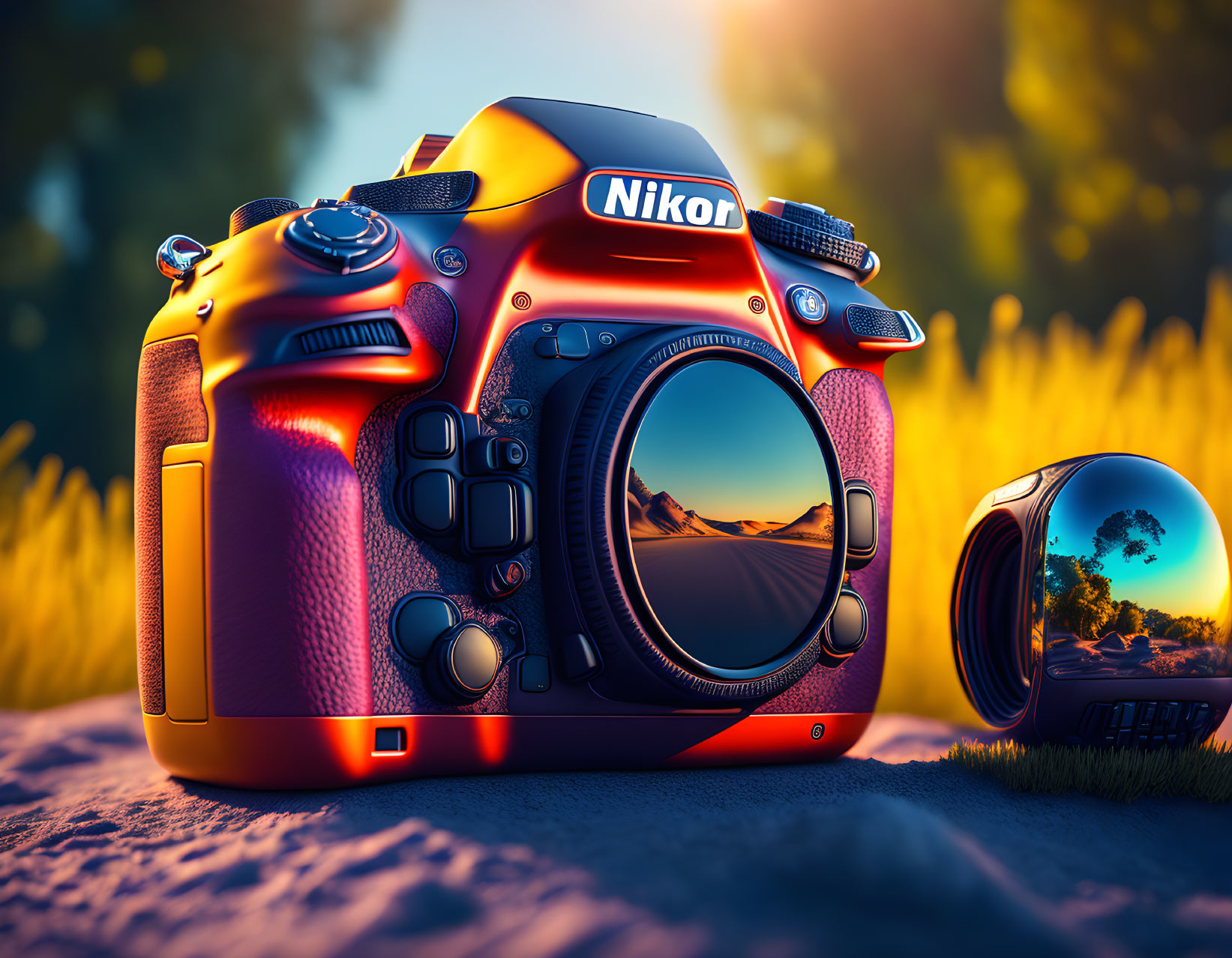 Nikon DSLR Camera at Sunset in Grass Field