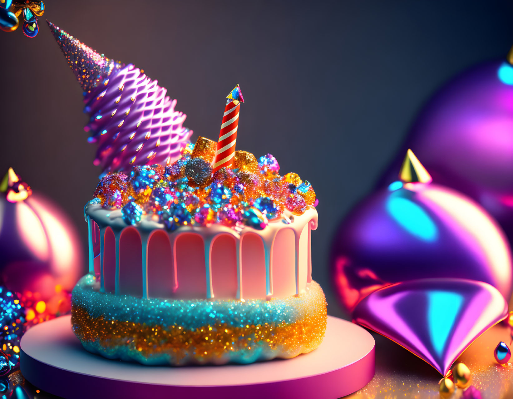 Colorful Birthday Cake with Glittery Frosting and Party Decorations