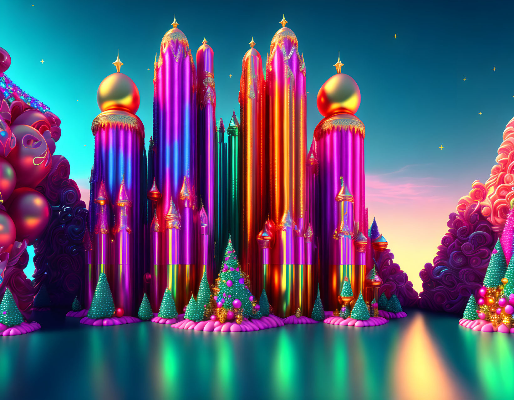 Whimsical colorful towers in a fantasy landscape at twilight