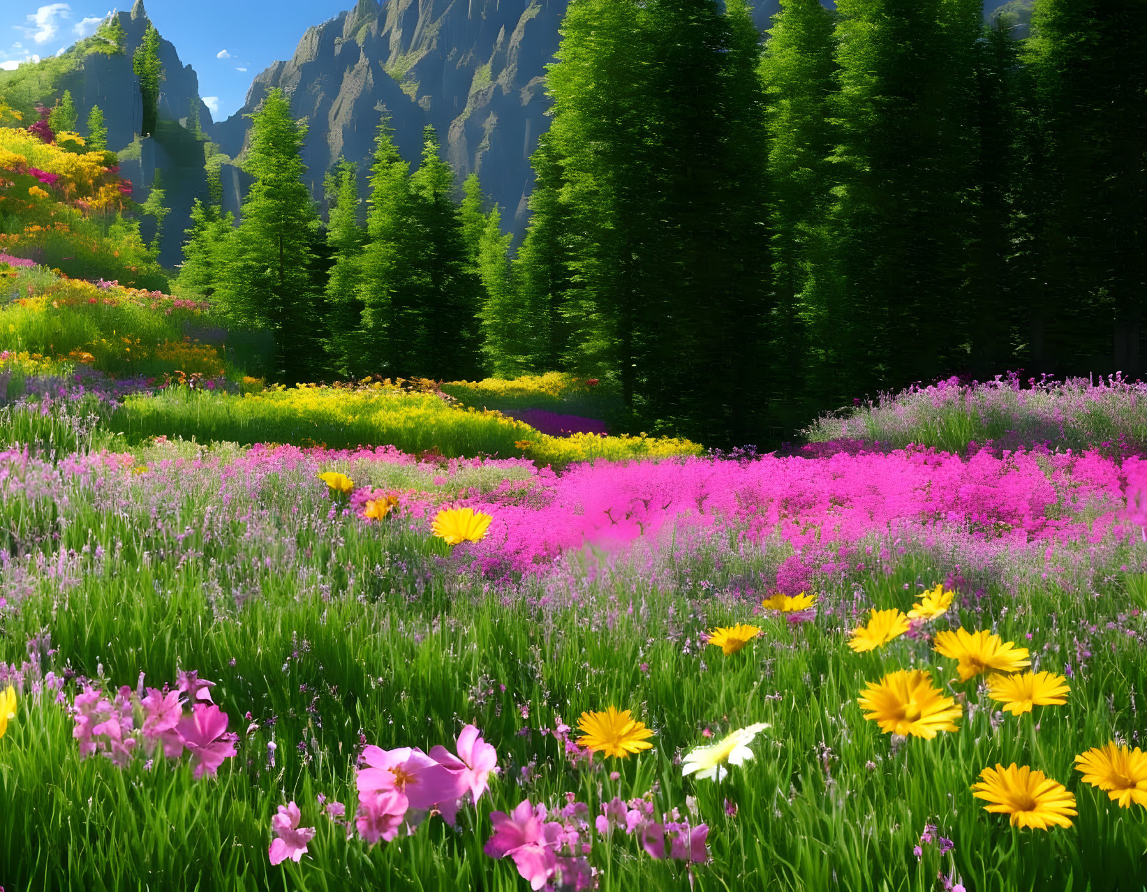 Colorful Wildflower Meadow with Pine Trees and Cliffs