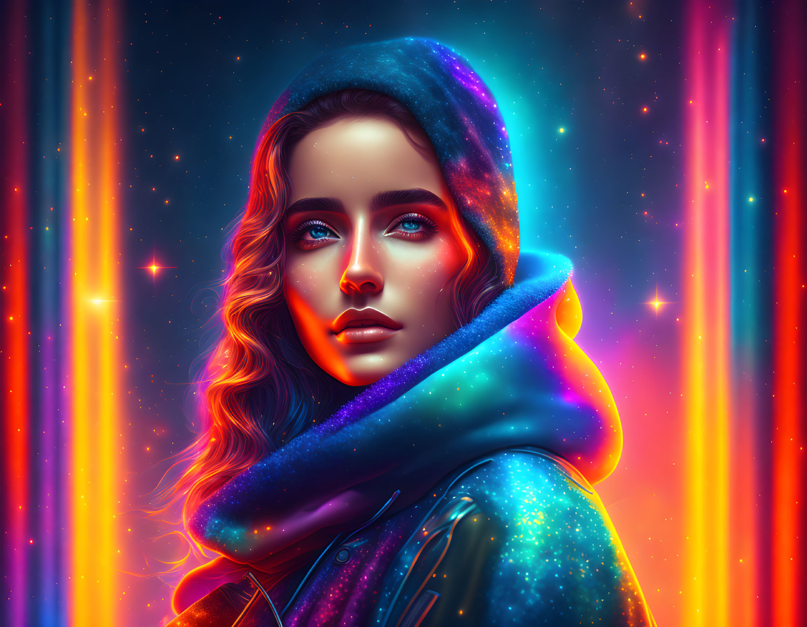 Colorful digital artwork: Woman in hood against cosmic neon backdrop