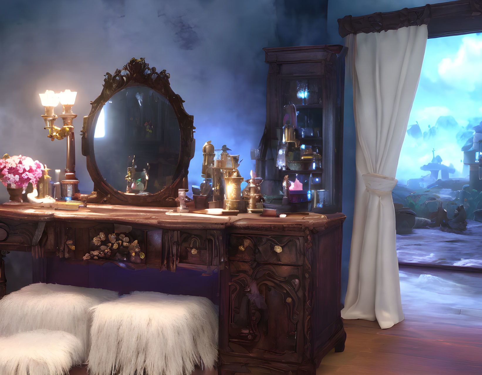 Vintage vanity with mirror in whimsical room with candles, potions, and flowers overlooking mystical forest landscape