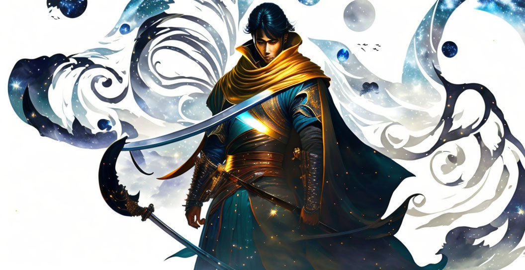 Warrior in ornate armor wields swords with celestial background swirls