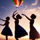 Animated characters in dresses reaching for hot air balloon at twilight
