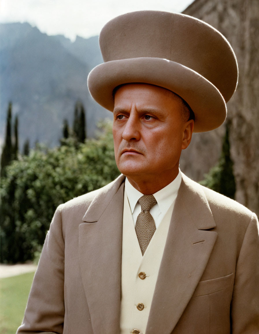 Man in Beige Suit and Large Round Hat Outdoors