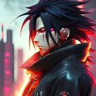Spiked hair anime character with cybernetic earpiece and red streaks in dark jacket against neon