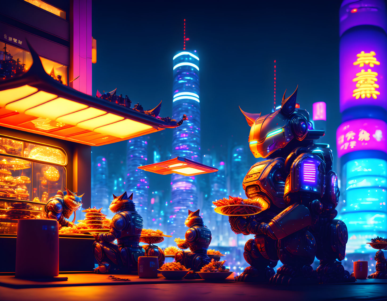 Robocats in a cyberpunk asian city