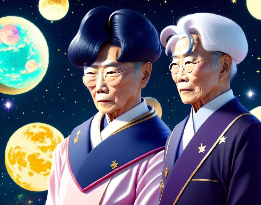 Elderly Couple in Ornate Space Attire Among Vibrant Planets