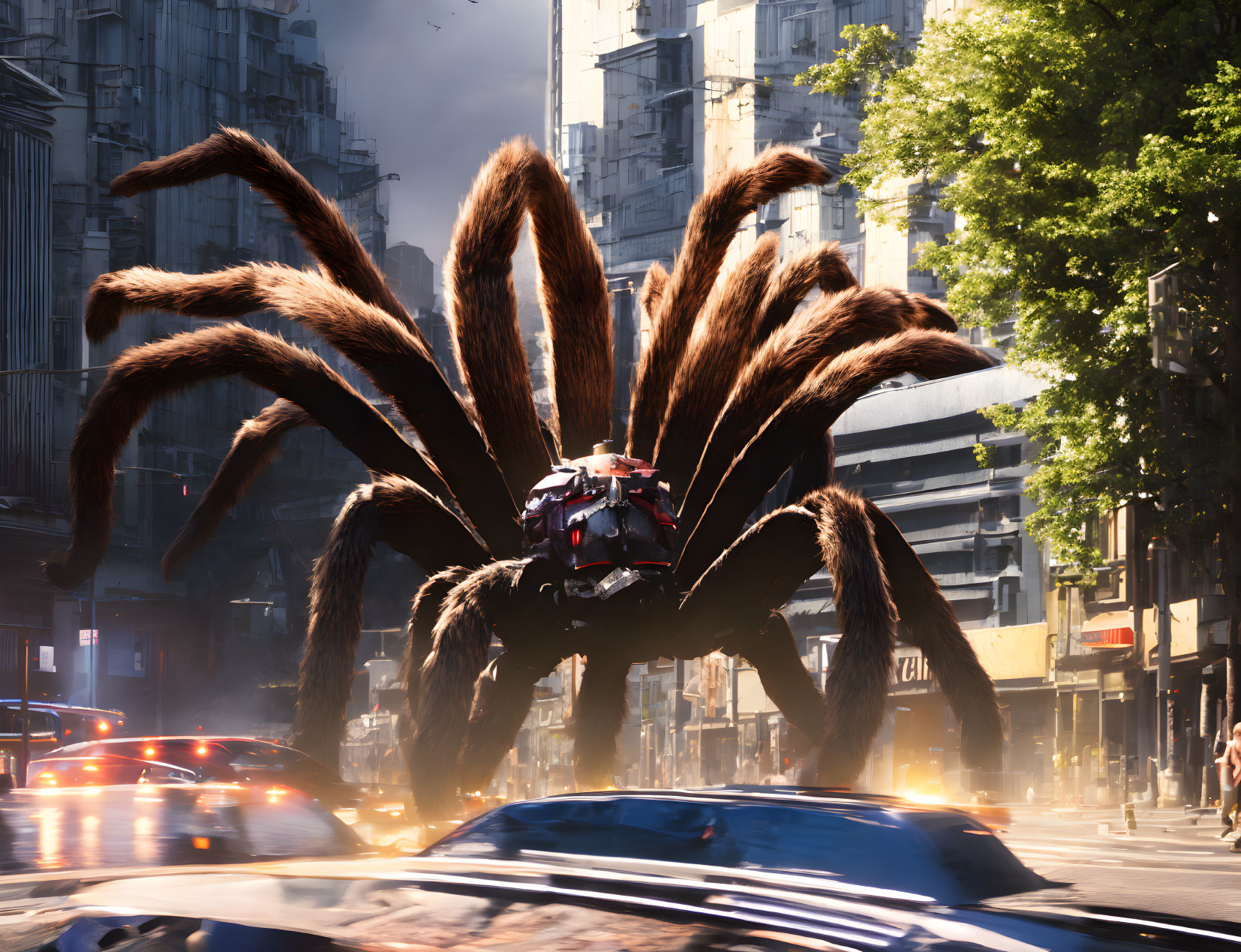 Gigantic mechanical spider creature in urban setting with fleeing cars