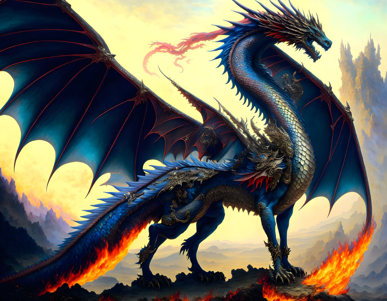 Blue Dragon with Fiery Breath on Rocky Promontory