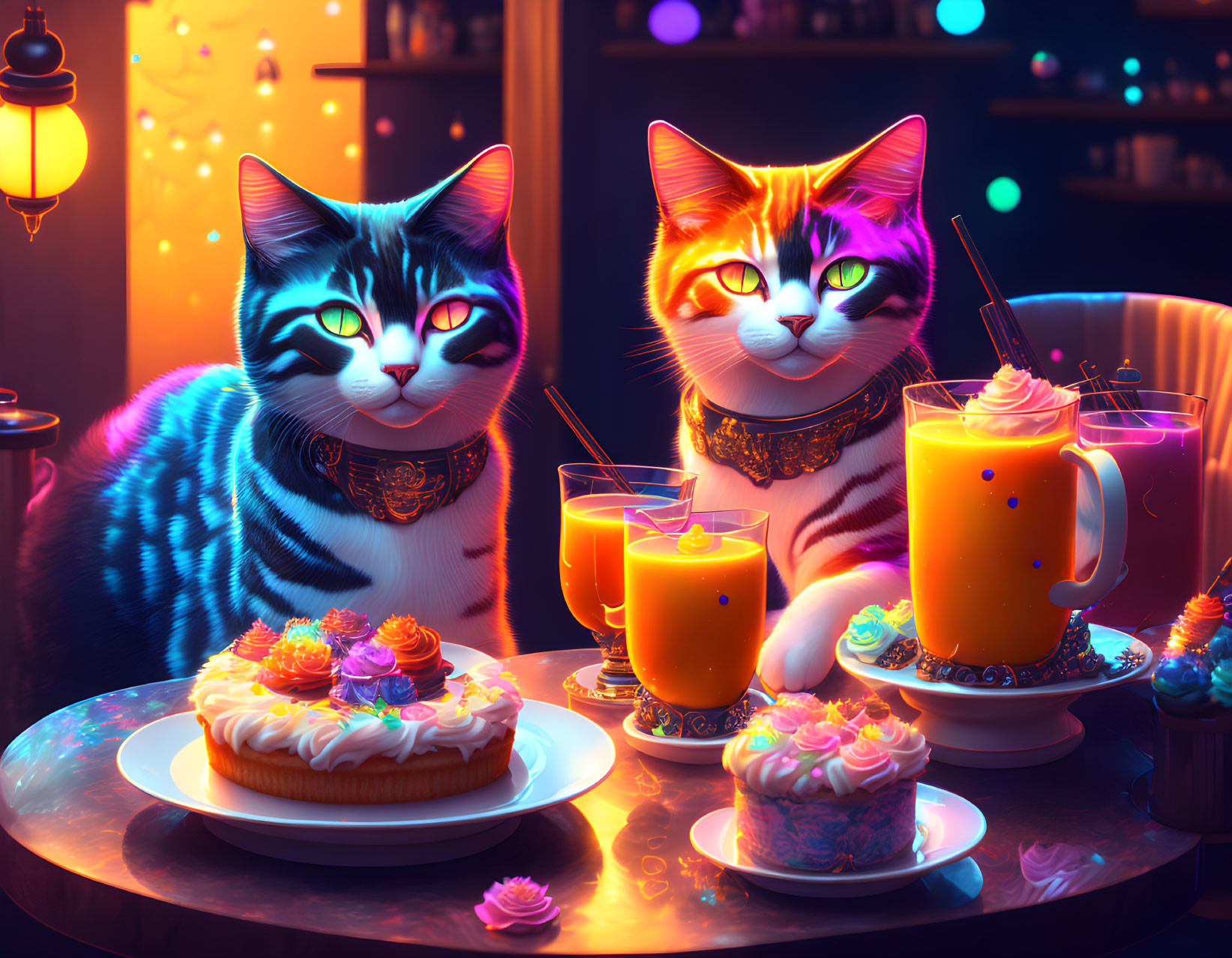 Animated cats enjoying pastries and drinks in cozy room