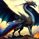 Blue Dragon with Fiery Breath on Rocky Promontory