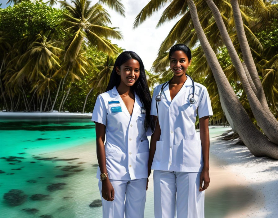 Two women in medical uniforms with stethoscopes by palm trees and blue water
