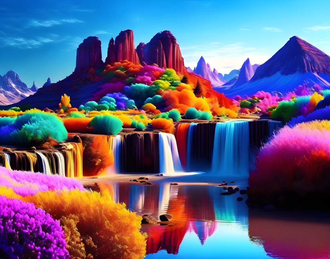 Surreal landscape: multicolored trees, waterfalls, blue water, mountains.